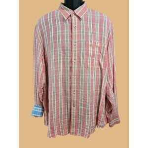 Indigo Palms 100% Linen Button-Up Shirt XL Pink Plaid Long Sleeve